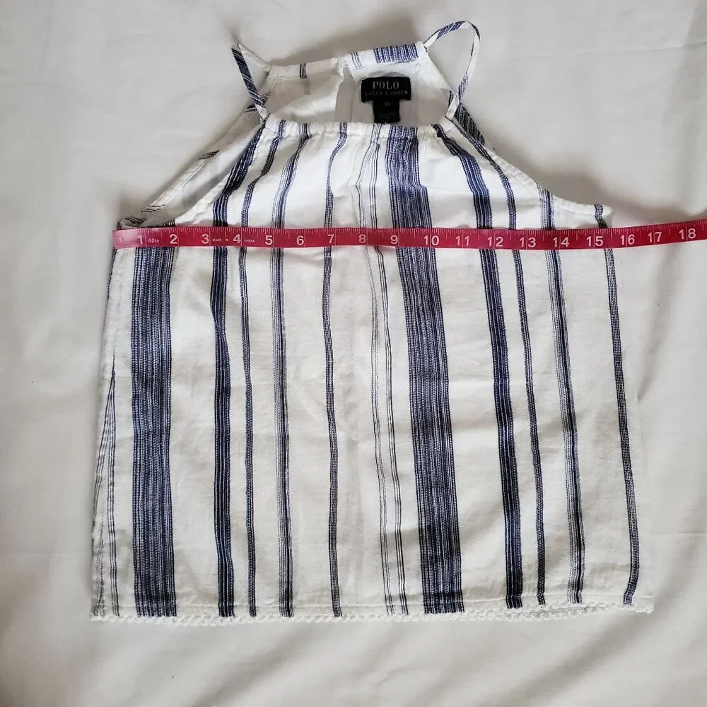 POLO Ralph Lauren Girls Blue Striped High‎ Neck Pom-Pom Hem Sleeveless Top Sz 10